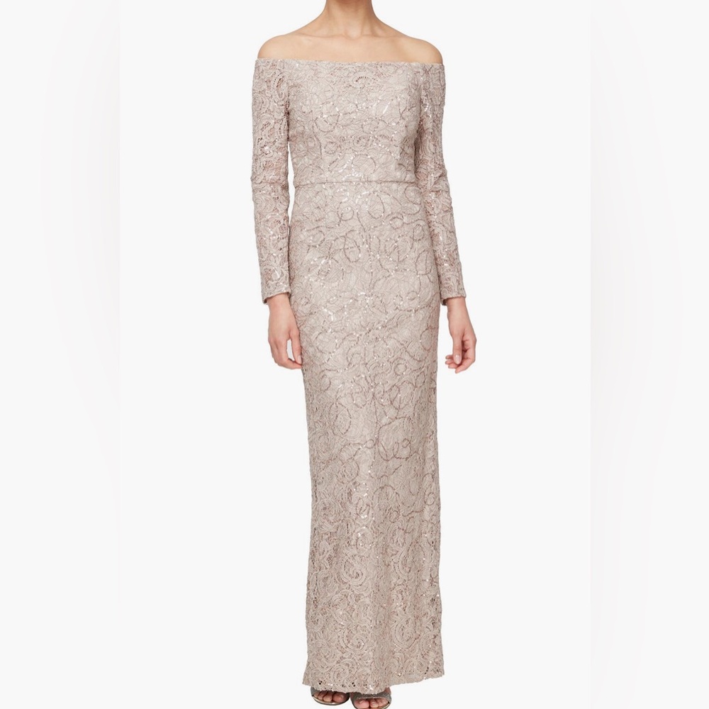 ALEX EVENINGS FLORAL EMBROIDERED SEQUIN OFF THE SHOULDERS LONG SLEEVES GOWN 14